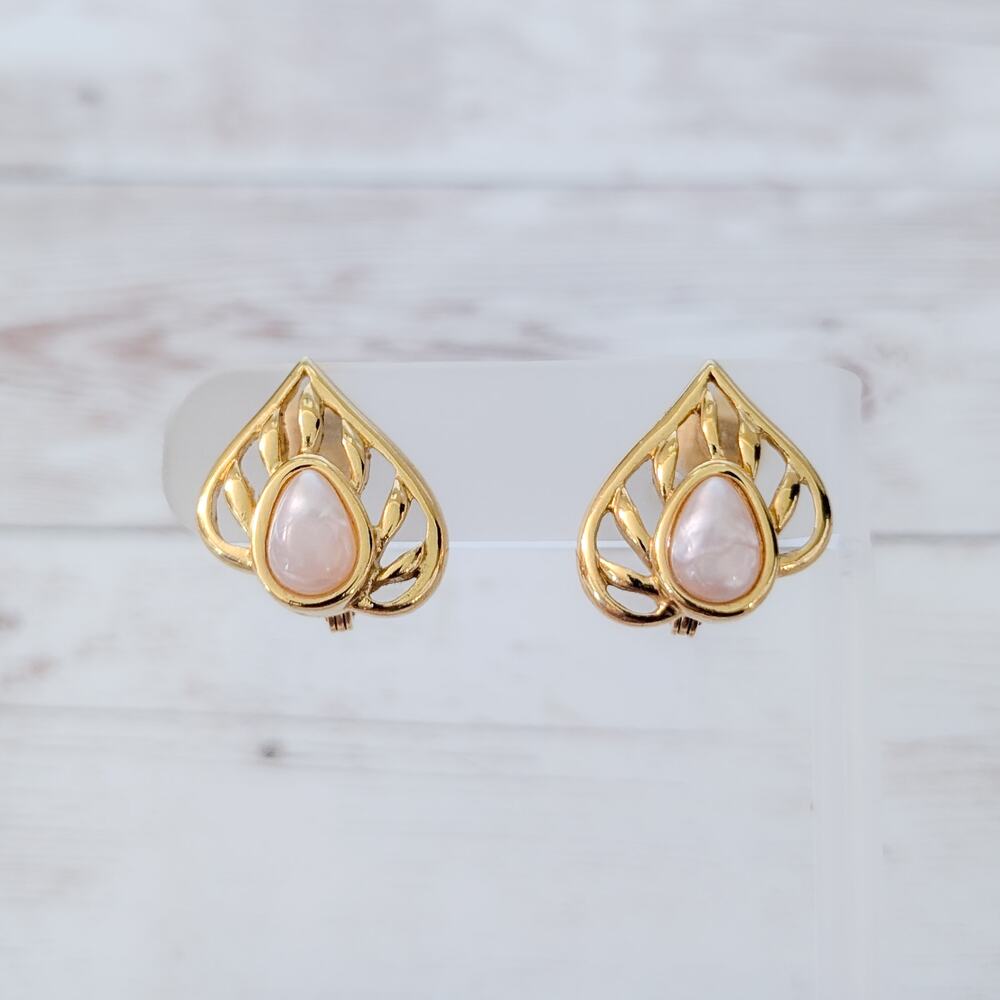 Vintage Monet Clip On Earrings Gold Tone & Pink - Clip Loose